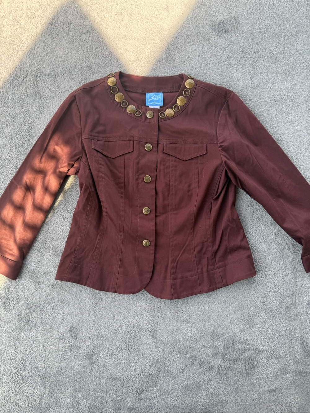 Vintage Cropped Blazer Jacket 4P Brown Contrast Stitching 3/4 Sleeve Retro